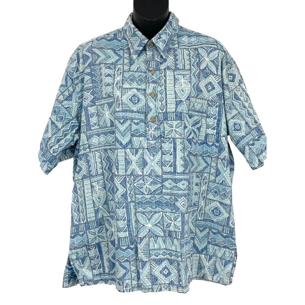 Ono Company Blue Size Large L Polo Short Sleeve Aloha Hawaiian Men Pocket EUC
